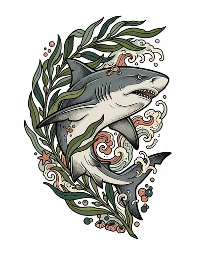 Neo-Traditional Shark and Kelp Tattoo Illustration