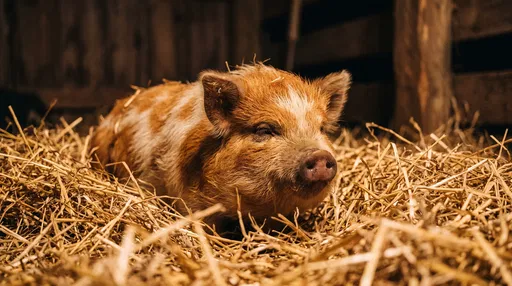 Ginger Kunekune Piglet Resting in Straw