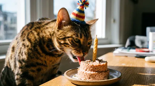 Bengal Cat Eating Birthday Paté Cake