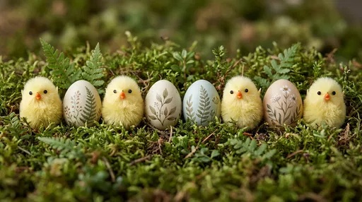 Easter Chicks and Botanical Eggs on Moss