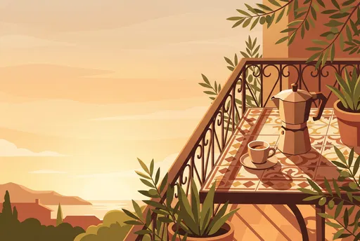 Morning Coffee on Mediterranean Balcony Illustration