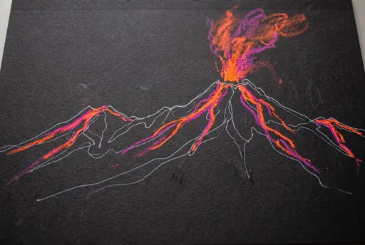 Neon Pastel Volcano Sketch on Black Paper