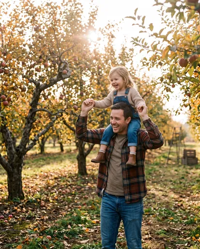 Father Carrying Daughter in Autumn Apple Orchard