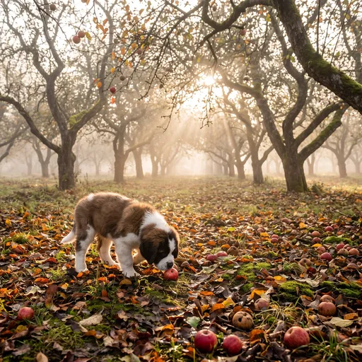 Saint Bernard Puppy in Autumn Orchard