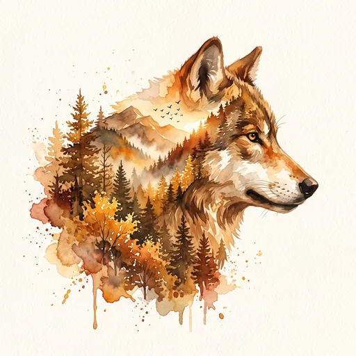 Watercolor Wolf and Autumn Forest Double Exposure