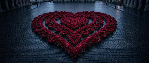 Ornate Red Rose Heart on Wet Cobblestone