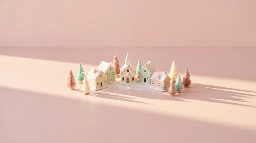 Miniature Pastel Christmas Village on Pink Background