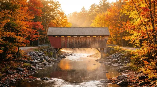 Covered Wooden Bridge in Autumn Foliage