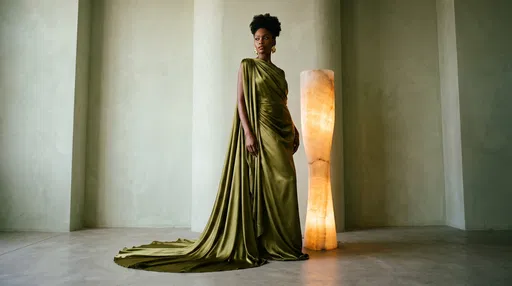 Woman in Olive Green Silk Gown