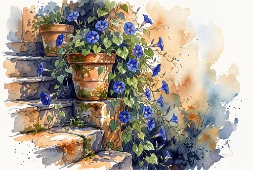 Watercolor Blue Morning Glories on Stone Steps