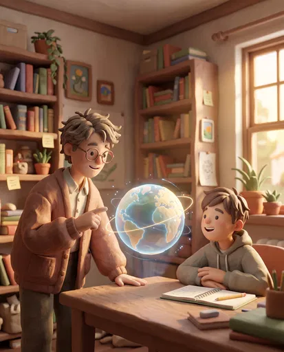 Clay Tutor And Student With Glowing Globe