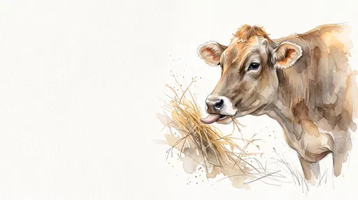 Watercolor Brown Cow Eating Hay