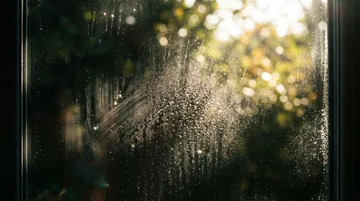 Sunlit Water Droplets on Dark Window