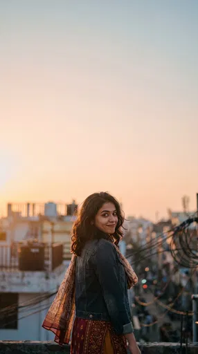 South Asian Woman Smirking on Sunset Rooftop