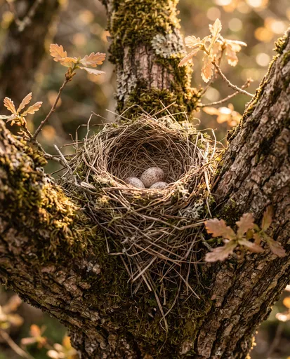 Bird Nest with Eggs in Oak Tree