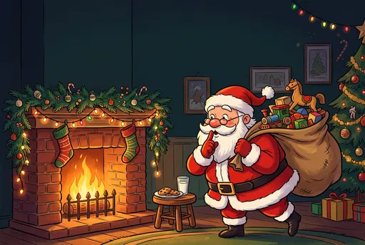 Cartoon Santa Tiptoeing Near Glowing Fireplace