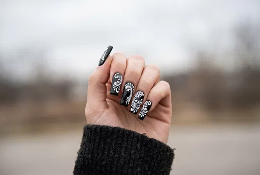 Black Square Nails With White Swirls