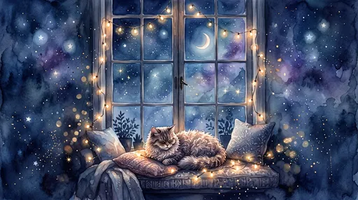 Watercolor Cat Sleeping by Starry Night Window