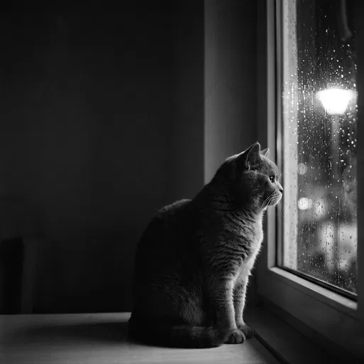 Cat Looking Out Rainy Window at Night