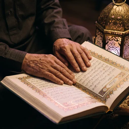 Elderly Hands Resting on Open Quran