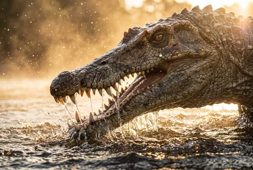 Prehistoric Reptile Snapping Jaws in River