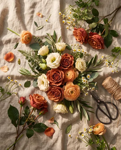 Warm Earthy Floral Arrangement Flat Lay