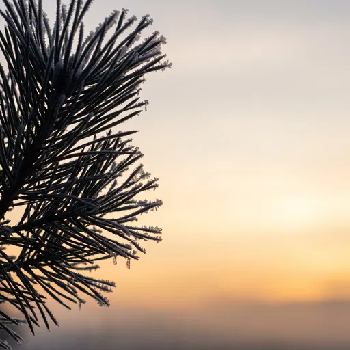 Frosted Pine Needles Against Sunrise Sky