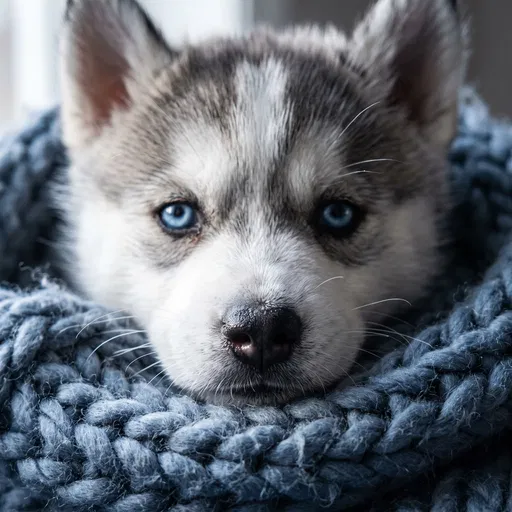 Husky Puppy in Blue Knit Blanket