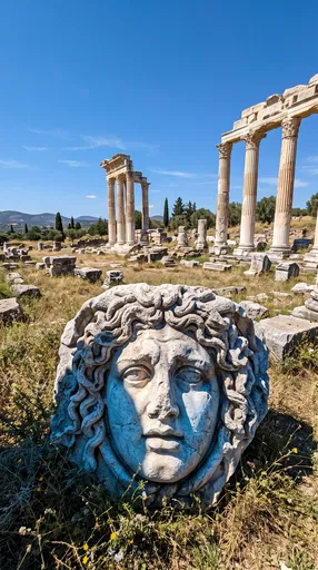 Ancient Medusa Stone Head at Temple Ruins