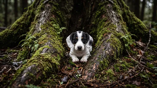 Piebald Dachshund Puppy Between Mossy Roots