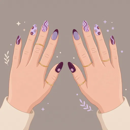 Illustrated Hands With Purple Nail Art