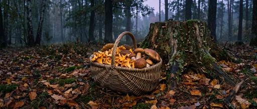 Wicker Basket of Mushrooms in Twilight Forest