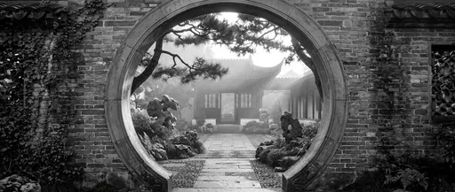 Monochrome Chinese Courtyard Through Moon Gate