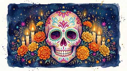 Watercolor Folk Art Sugar Skull Illustration
