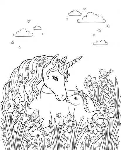 Mother Unicorn and Foal Coloring Page