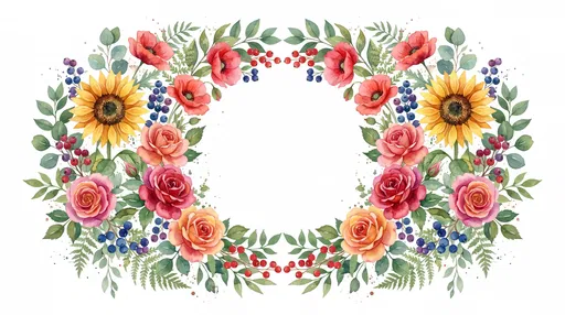 Symmetrical Watercolor Floral Wreath Frame