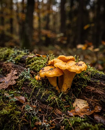 Golden Chanterelle Mushrooms on Mossy Log