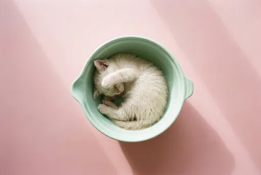 Cream Kitten Sleeping in Mint Bowl