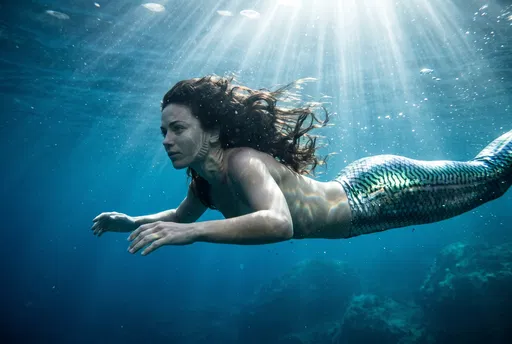 Siren Swimming Underwater in Sunbeams