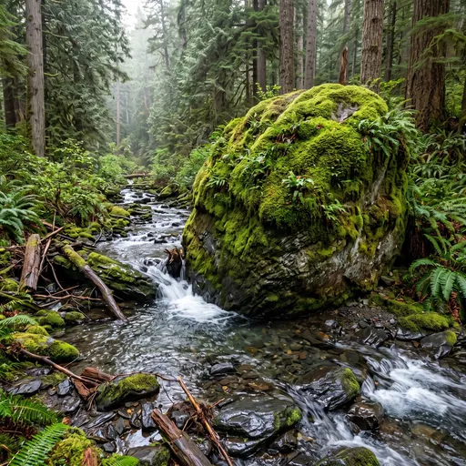 Mossy Boulder in Misty Forest Stream