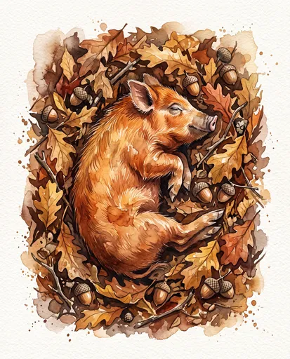 Watercolor Sleeping Pig in Autumn Leaves
