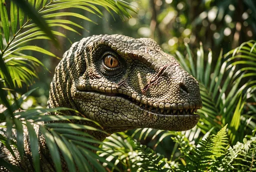 Velociraptor Peering Through Jungle Foliage