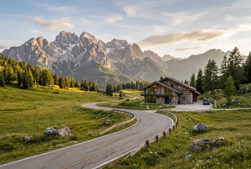 Modern Alpine House Along Mountain Road