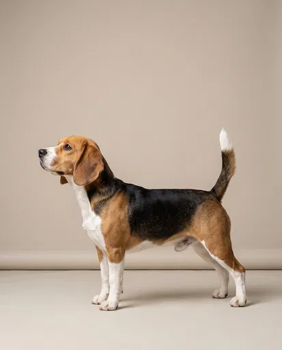 Tricolor Beagle Standing in Studio Profile