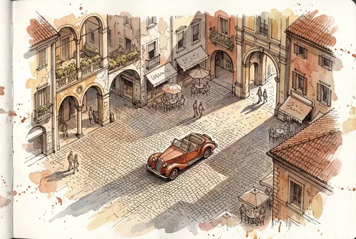 Watercolor Sketch of Vintage Convertible in Plaza