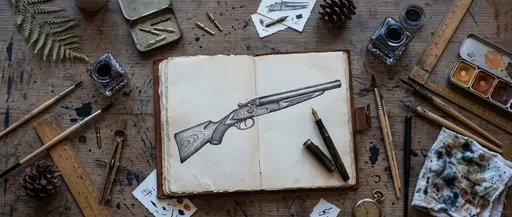 Vintage Shotgun Ink Drawing Flat Lay