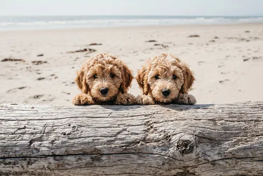 Two Goldendoodle Puppies Peeking Over Driftwood