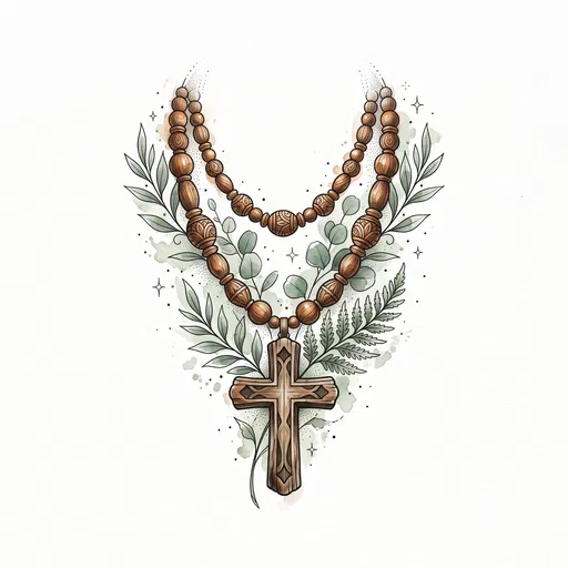 Watercolor Wooden Rosary Cross Tattoo Illustration