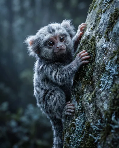 Baby Marmoset Clinging to Mossy Rock