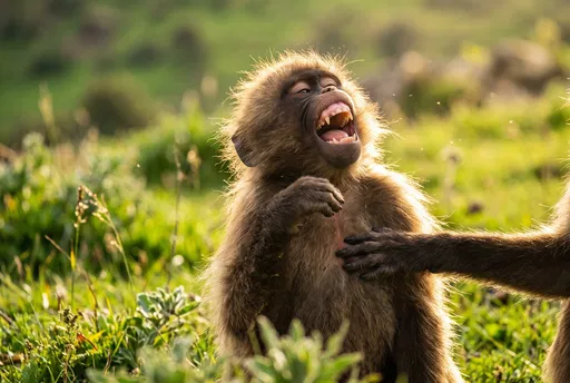 Laughing Young Gelada Monkey in Meadow